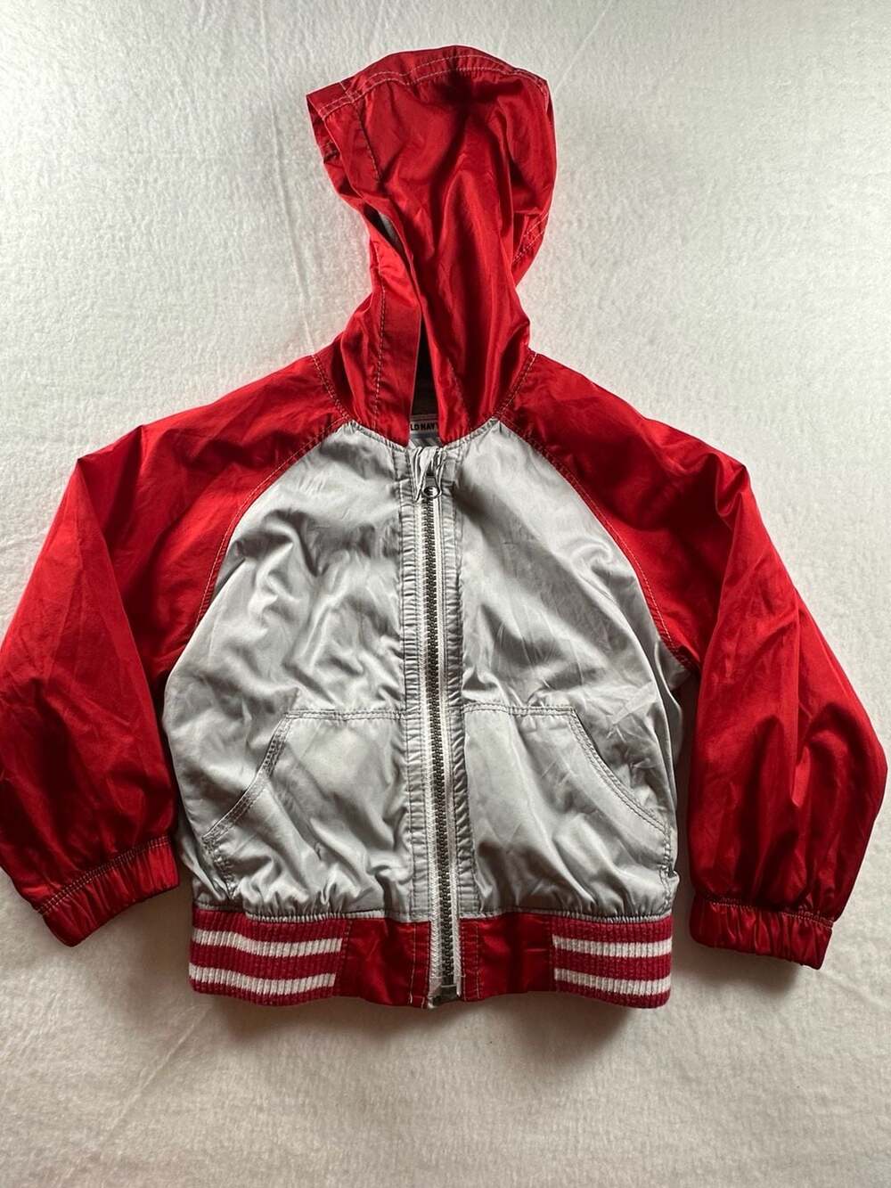 Old Navy Toddler Boys Red and Grey Zip-Up Hooded Varsity Jacket